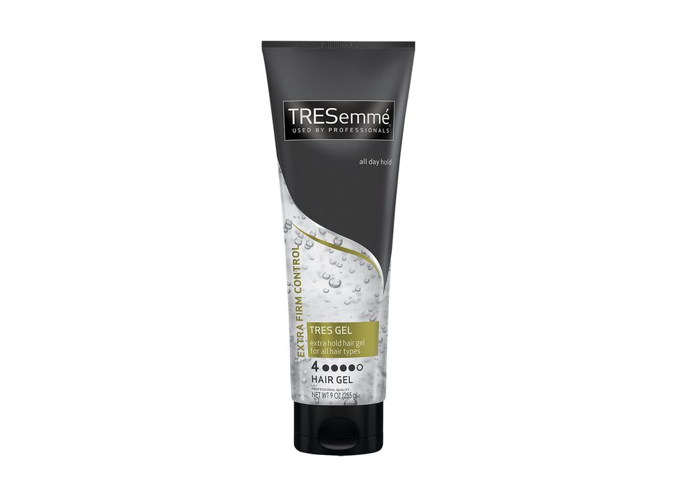 Bottle of TRESemmu00e9 Extra Hold hair gel against a white background
