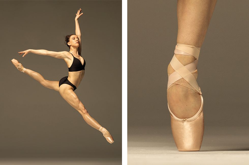 The left side of the image is Isabella jumping, wearing a black bra and underwear and pointe shoes. She is at an angle to the camera, with both legs straight and one arm reaching up, the other to the side. The right side of the image is a straight-on a foot in pointe shoes, en pointe.
