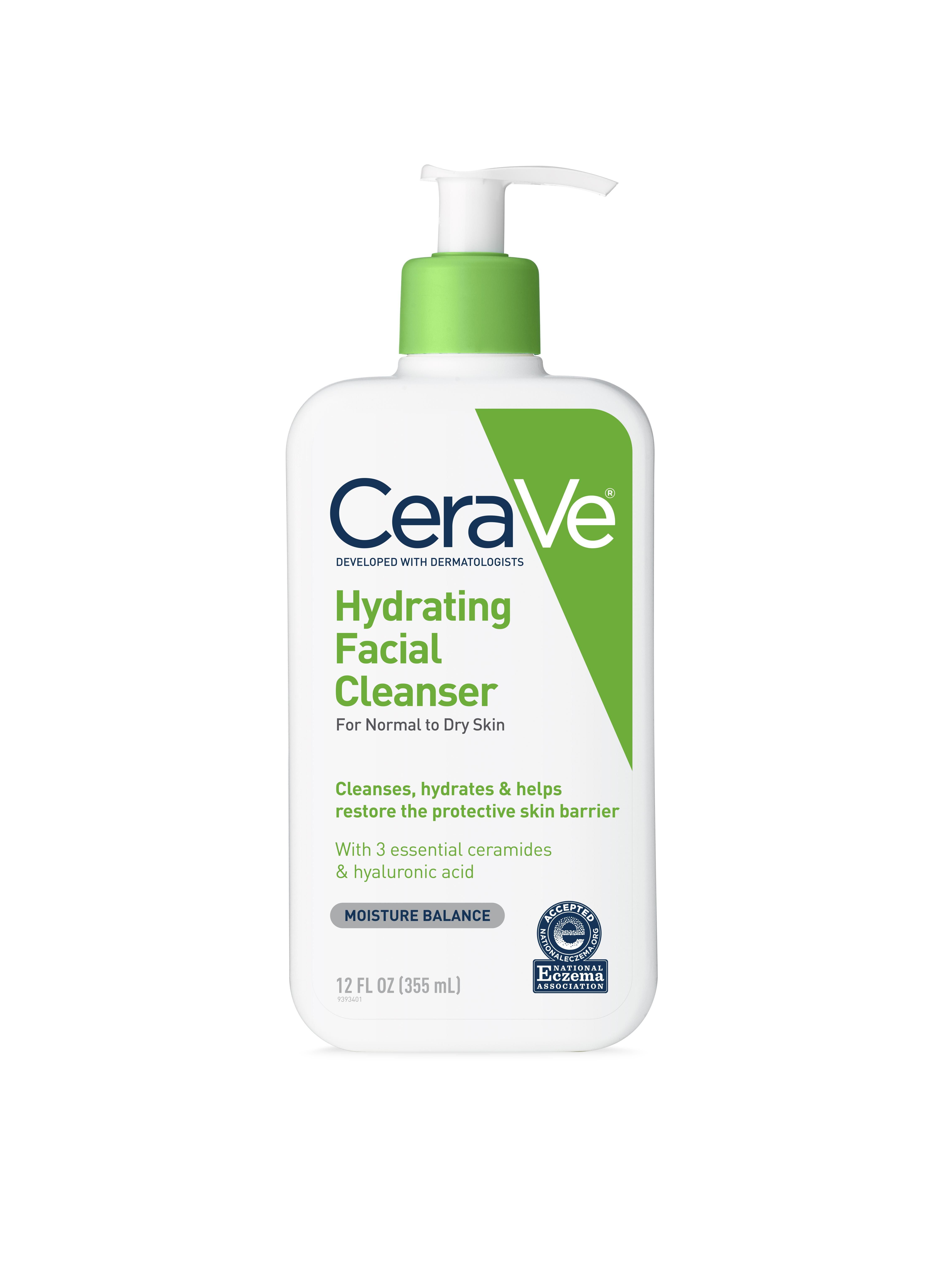 A white and lime green bottle of CeraVe Hydrating Facial Cleanser with a pump