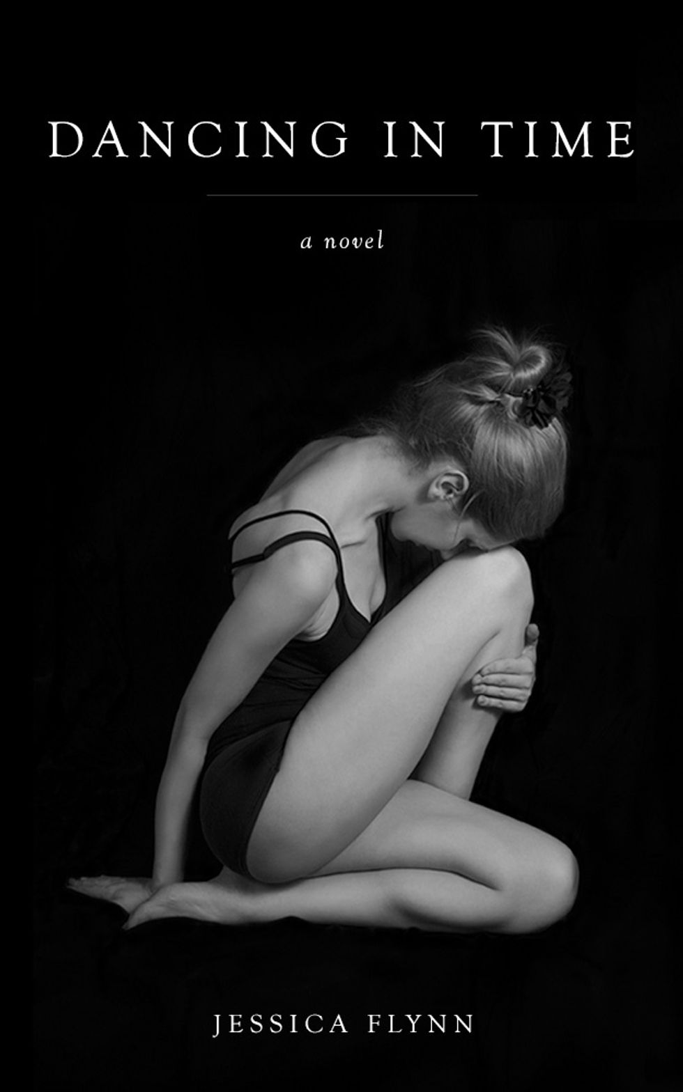 A book cover with the title Dancing in Time, a Novel at the top shows a black-and-white photo of a young teenage dancer in a dark leotard crouched in the ground, burrowing her head into her right knee.