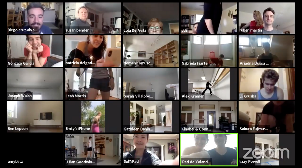 A screenshot of a Zoom page, showing many tiny windows of dancers stretching or speaking into the camera.