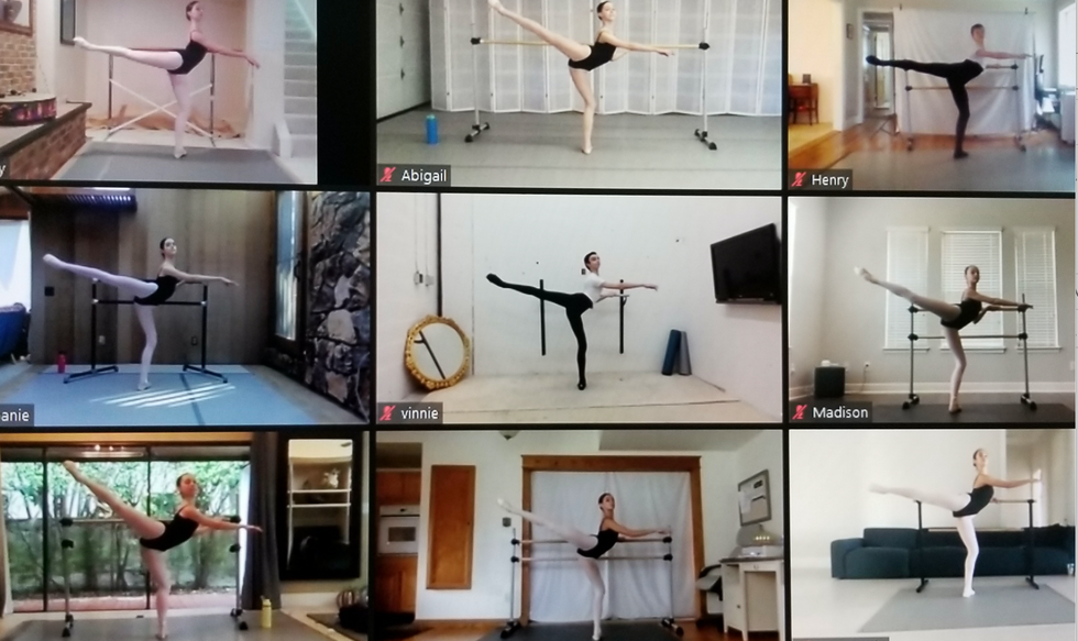 A screenshot of a ballet class on Zoom shows 7 teenage girls and 2 boys practicing second arabesque at the barre in their individual homes. The girls wear black leotards, pink tights and ballet slippers, and the boys wear white T-shirts, Black tights and black ballet slippers.