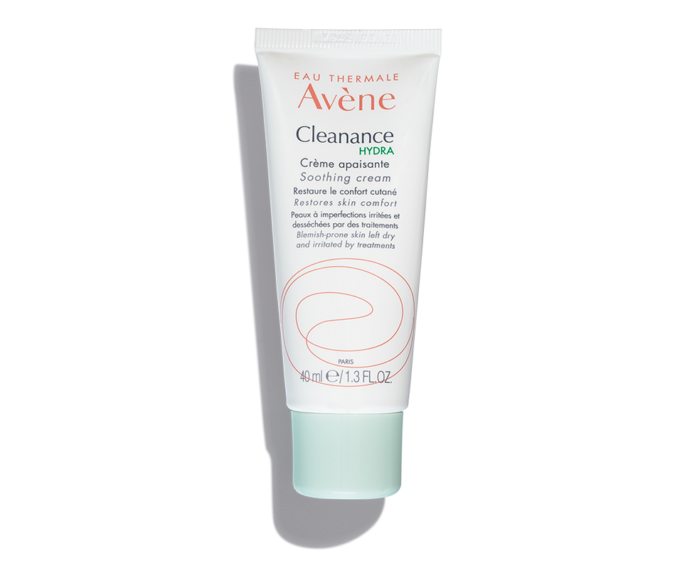 A white, squeezable tube of Avu00e8ne Cleanance Hydra Soothing Cream with a light blue cap.