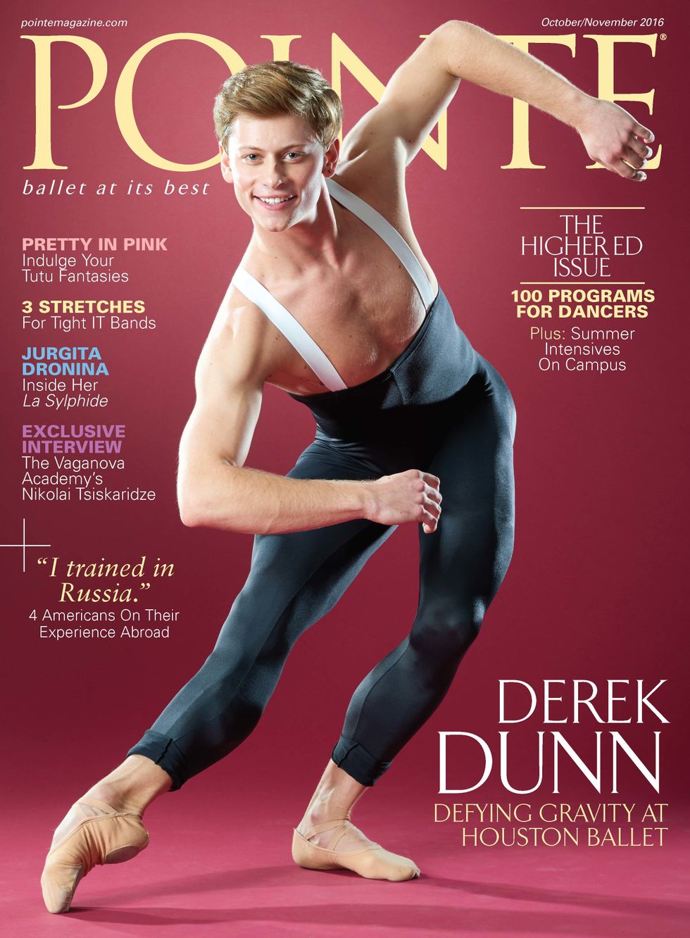Dunn in black tights with white suspenders leans forward on the cover of Pointe against a red background with pale yellow text.