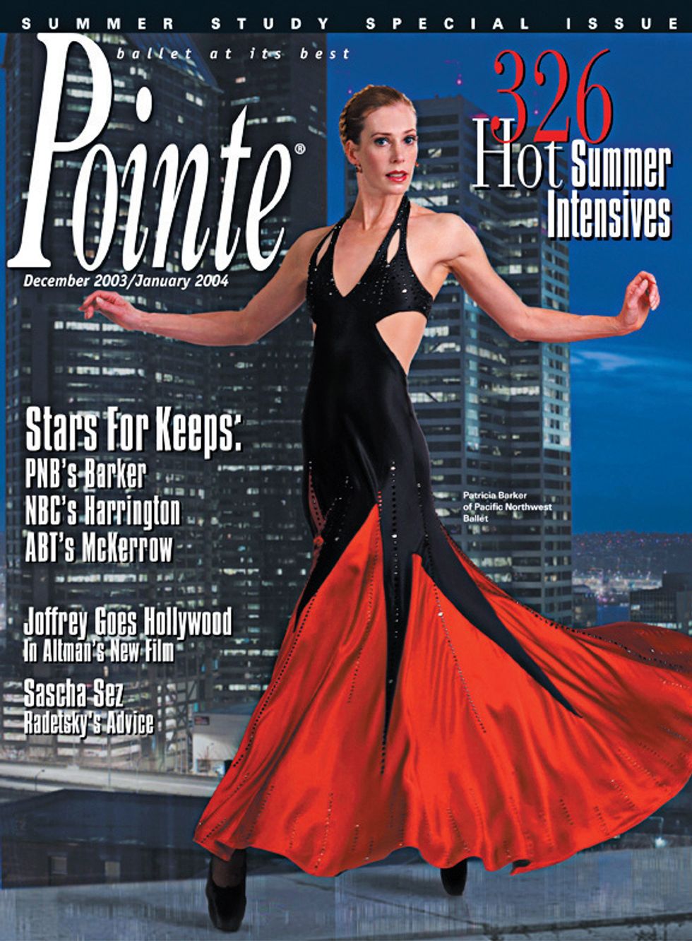 Barker in a black sparkly gown against a cityscape on the cover of Pointe