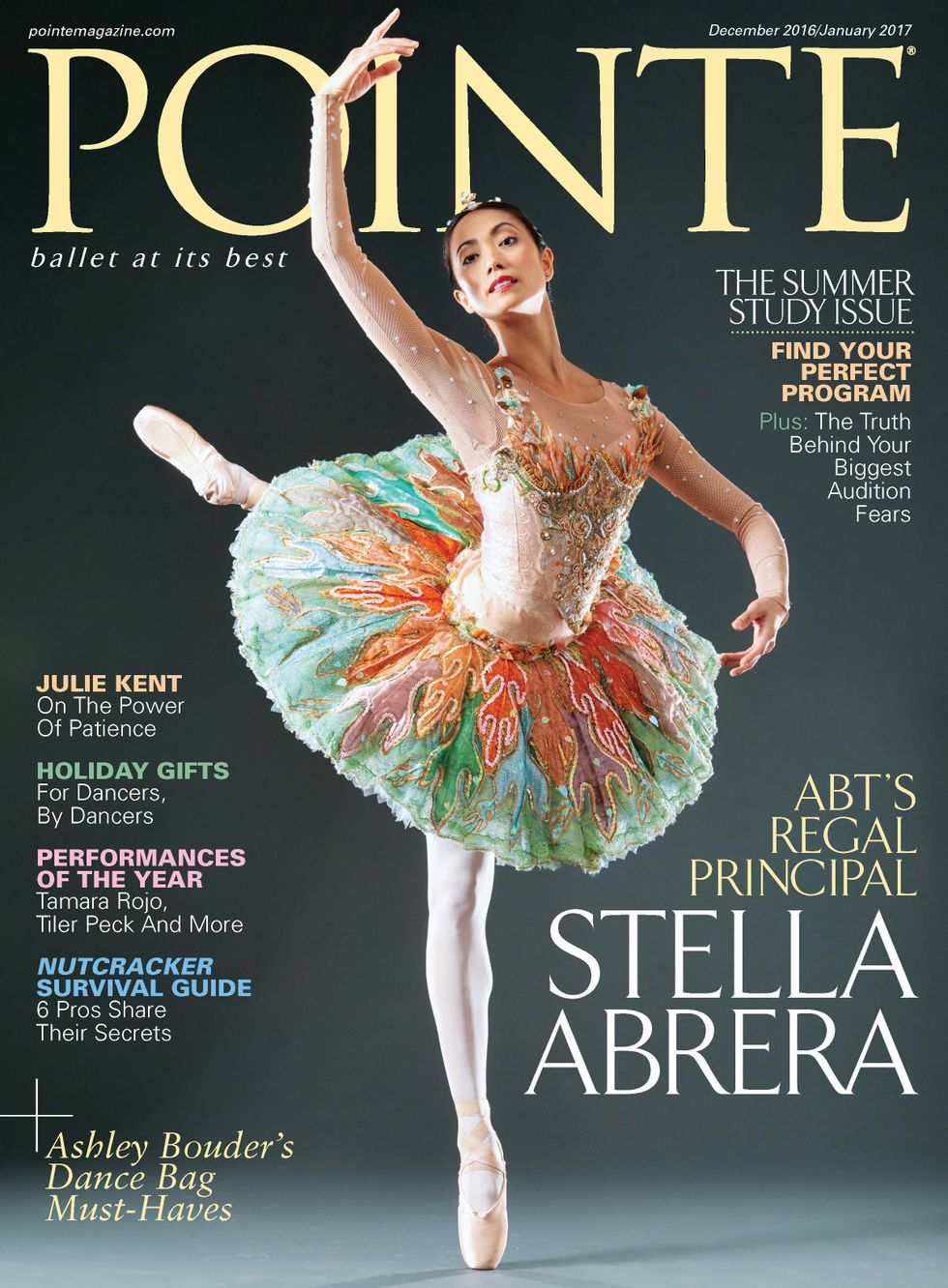 Pointe cover of Stella Abrera in a bright tutu in a back attitude against a dark gray background with light yellow text.