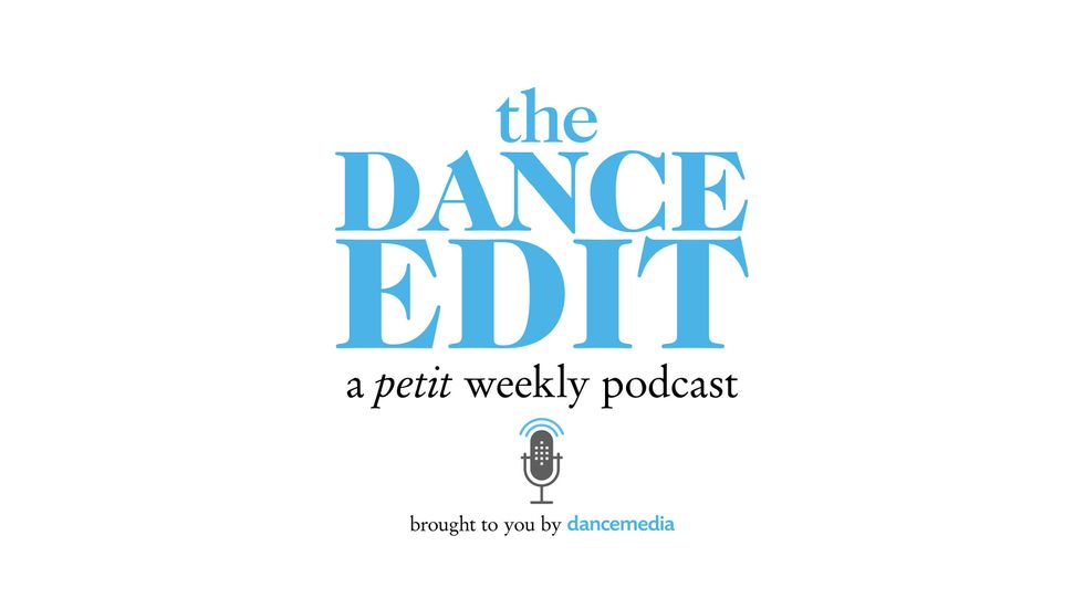 The Dance Edit podcast logo, which says "The Dance Edit, a petit weekly podcast, brought to you by dancemedia," and a small microphone logo. Text is blue and black.