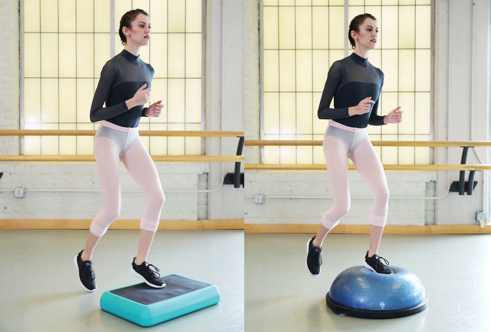 Side by side photos. To the left, Tokev wearing tights a leotard and snakers, jumps onto a step-up, and on the right, jumps onto a BOSU ball.