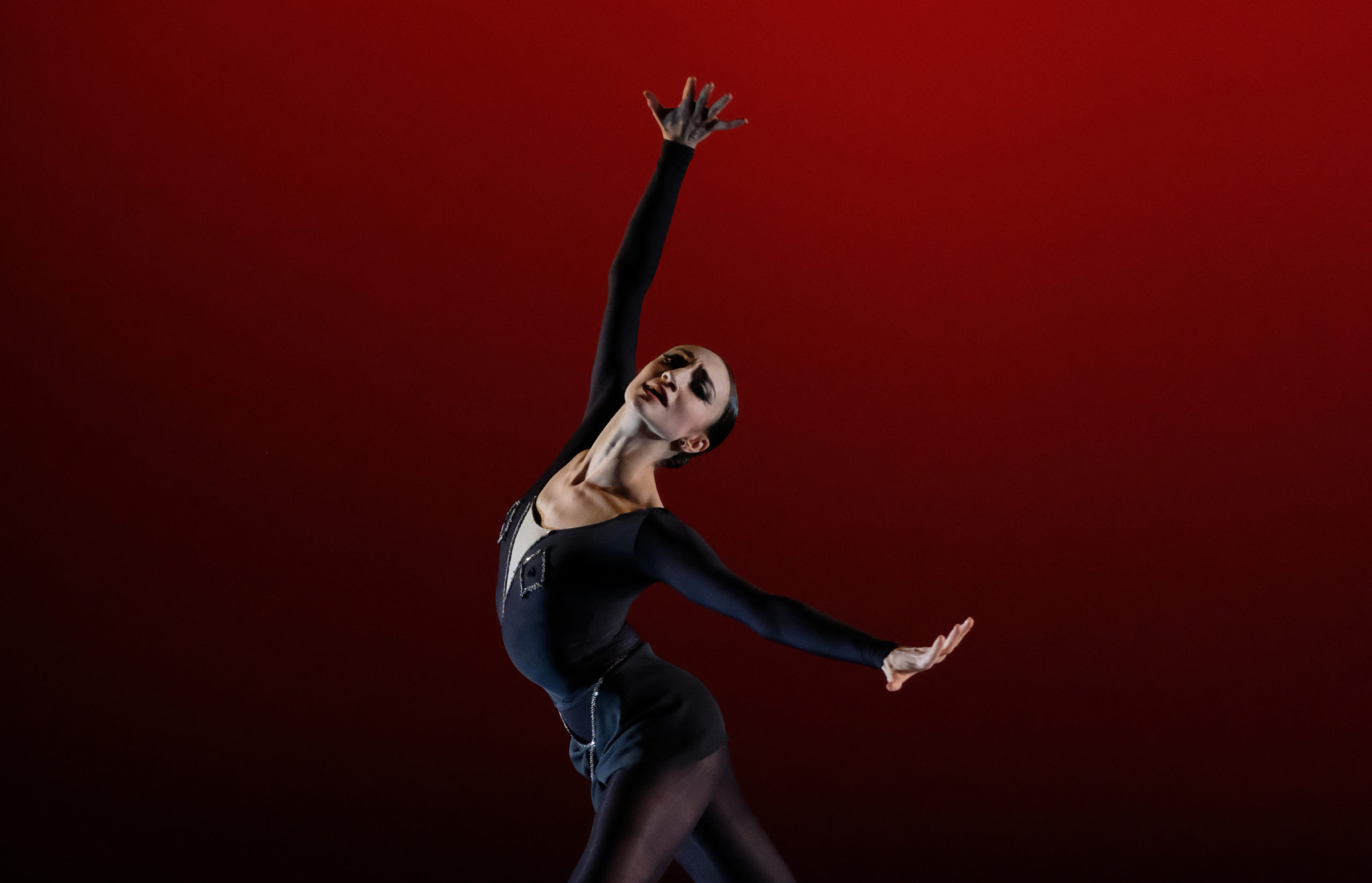 Katia Raj is shown from the thigh up in croisé, standing on her leg leg in plié and spreading her arms out wide with splayed fingers. She looks out into the audience dramatically, and wears a dark velvet leotard with rhinestone decor and dark tights.