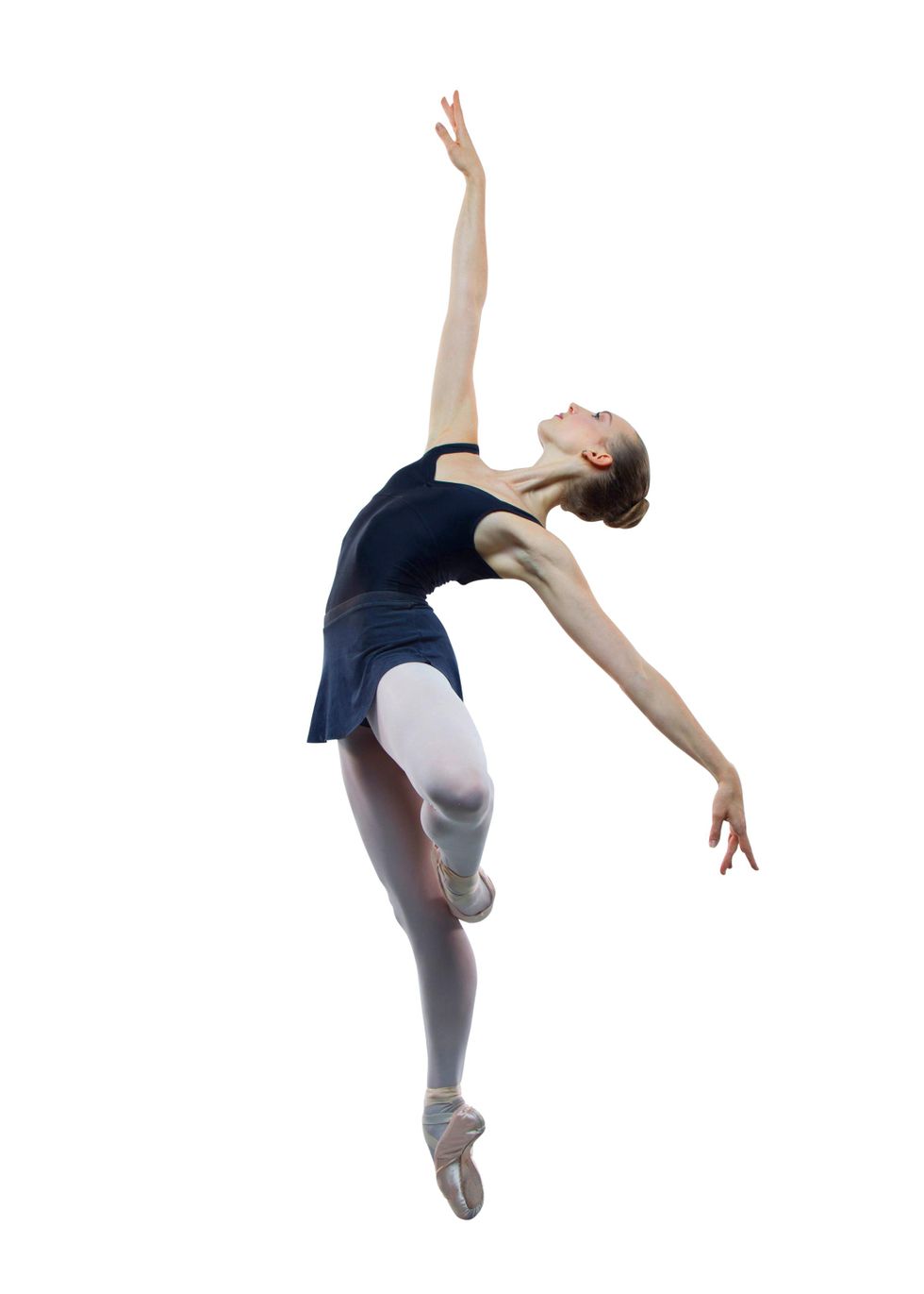 Sydney Ransbury is shown in profile on pointe with her left leg in passu00e9, arching her upper body back with her right arm reaching high and her left arm extended down and to the side. She wears a black leotard, black skirt, pink tights and pointe shoes.