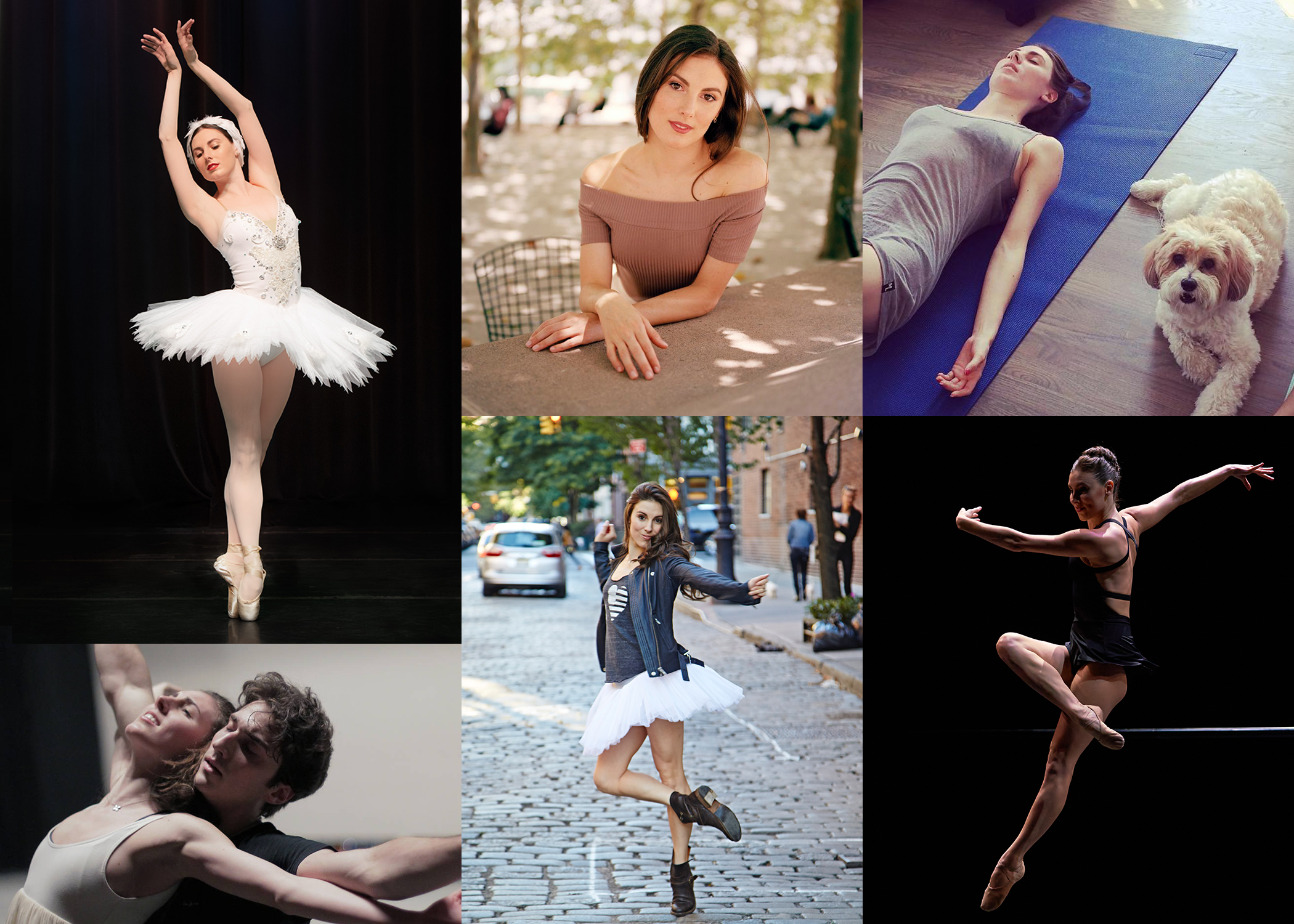 A montage of six photos show Tiler Peck dancing in various roles, lying on a yoga mat with her dog, and seated at a table smiling for the camera.