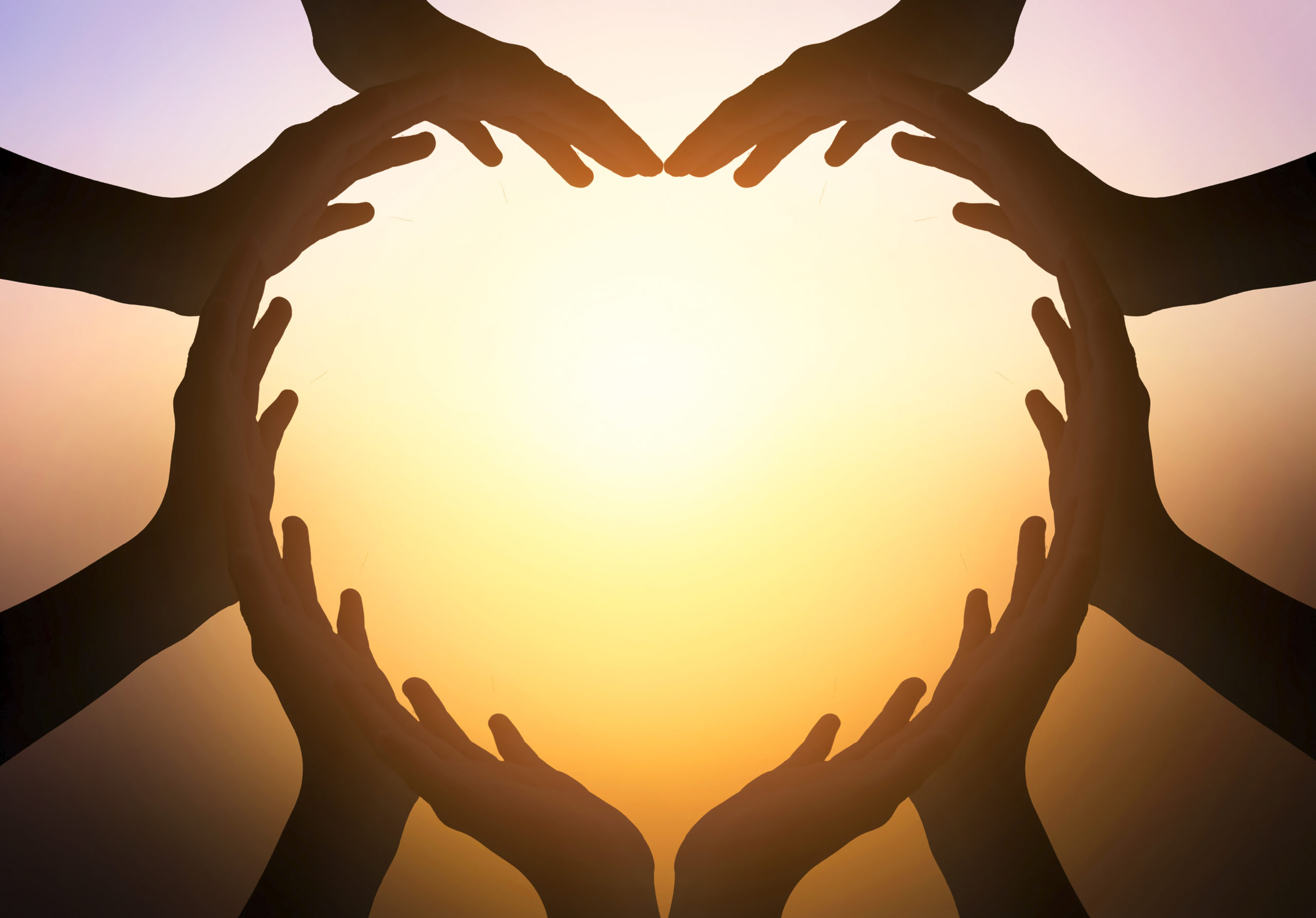 A groupe of people create a heart shape with all of their hands, shown in silhouette against a sunset.