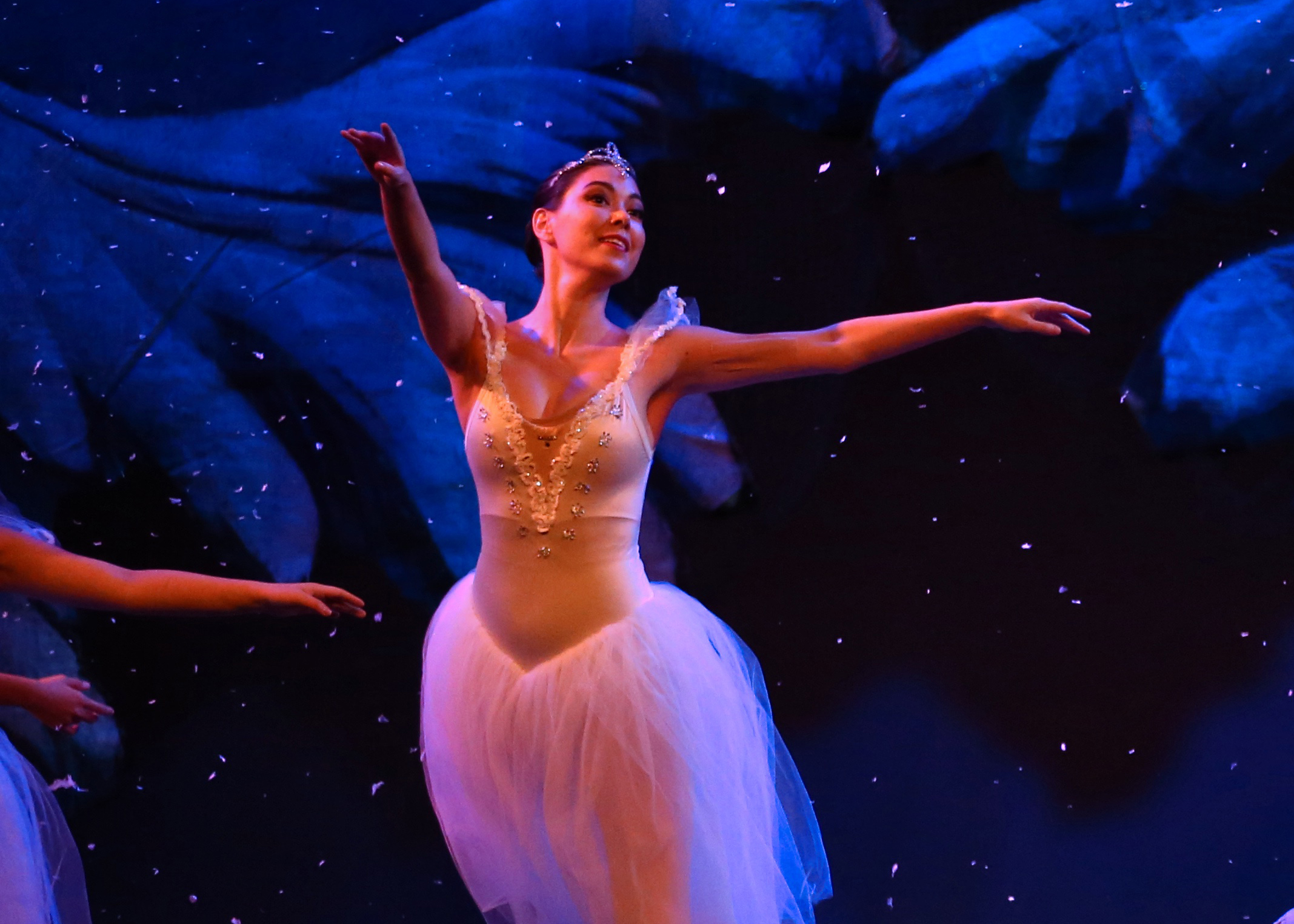 Alexandra Langley an adult ballet student, performs the Snow scene from The Nutcracker, wearing a white knee-length tutu and a small tiara. She is shown from the waist up, dancing in front of a backdrop with large, snowy evergreen trees. Her arms are in fourth position while smiling out to the audience.