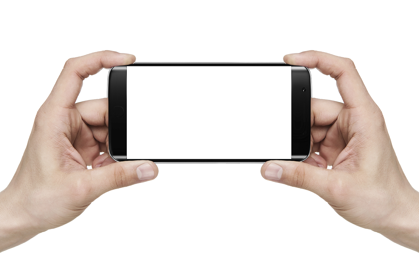 Two hands hold a blank mobile smart phone horizontally.