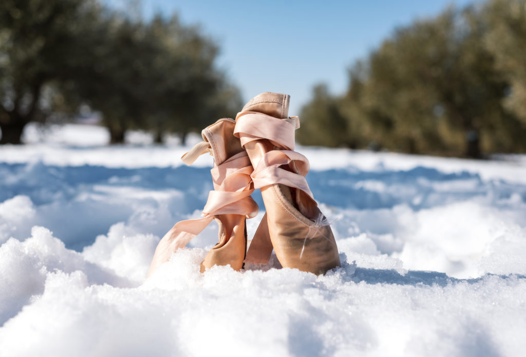 Close-up of pink ballet slippers stuck in the snow in an olive tree field
