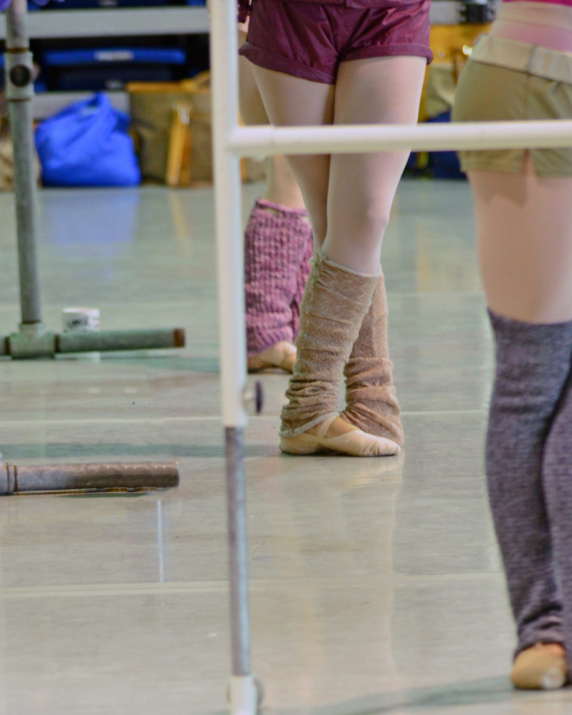 Three ballet dancers are shown from the hips down stand in fifth position at the barre. They wear pink tights, ballet slippers, leg warmers and warm-up shorts in various colors.