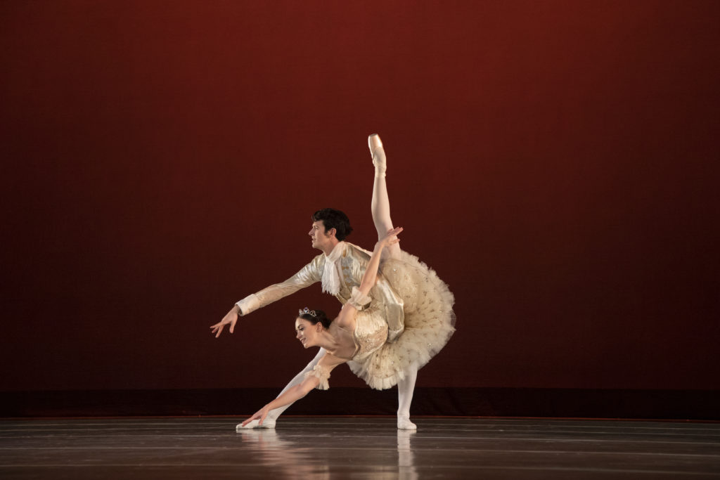 Amanda Grubb HIllman and Logan Hillman perform the Sleeping Beauty wedding pas de deux onstage in front of a reddish-brown backdrop. Hillman lunges back on his left leg and holds Grubb Hillman around the waist as she poses in a fish dive with her right leg extended. She wears a light pink tutu, tiara and tights and pointe shoes, while he wears white tights and ballet slippers and a white prince's coat with a white ascot around his neck.