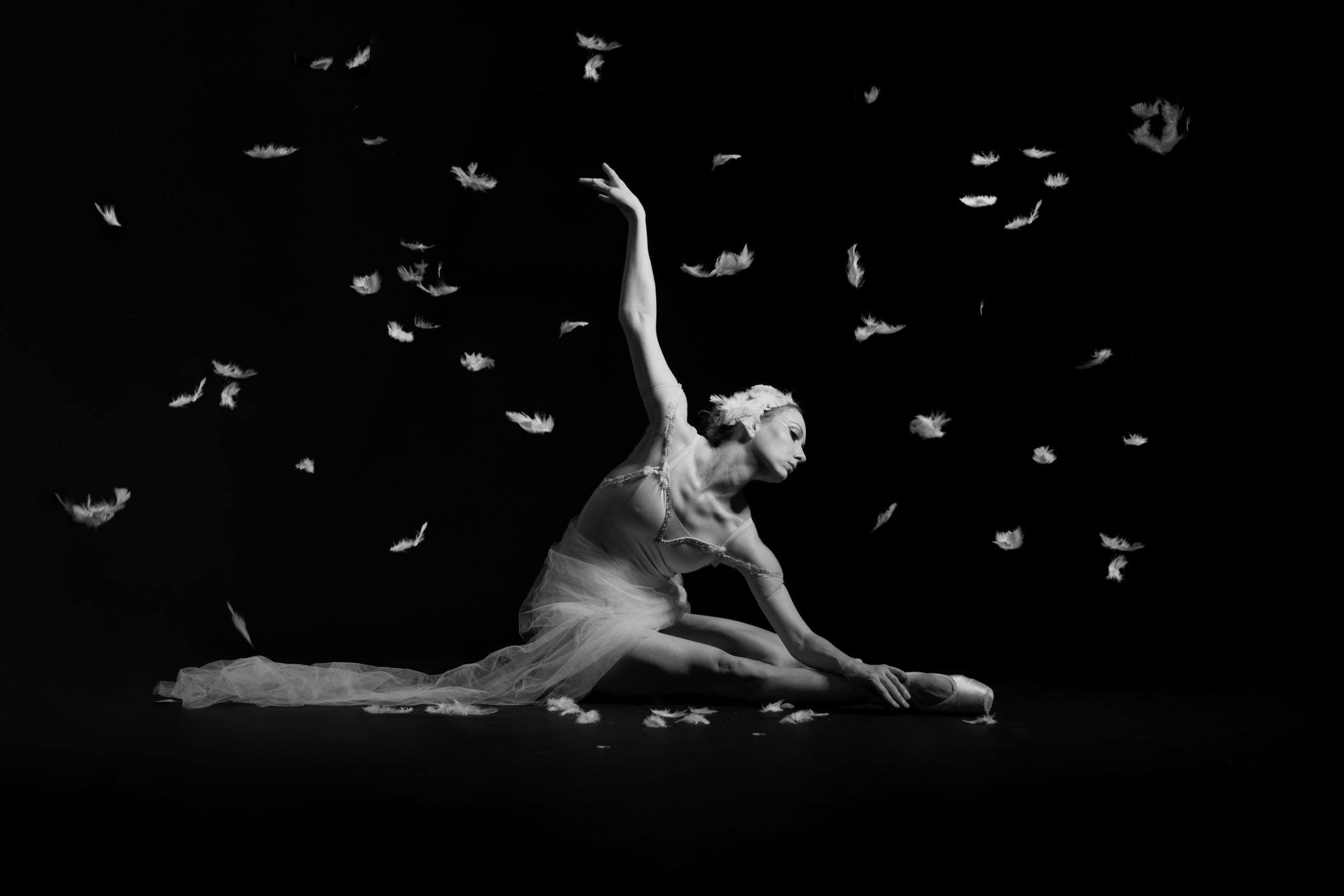 In this black and white photo, Megan Jacobs sits on the ground with her right leg extended in front of her and her left leg tucked. She leans over her legs, touching her left hand to her right foot, and reaches her right arm back behind her. She wears a feathered headpiece, pointe shoes, a light-colored leotard and a swath of white tulle wrapped around her waist, which trails out onto the ground. Feathers rain down softly from the ceiling.