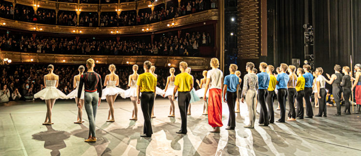 A large company of dancers stand are shown from behind onstage, facing a full, applauding audience at an ornate opera house. The dancers stand in two lines, with women in white tutus in front and men in various costumes in the back. They all stand in fifth position with their arms en bas.