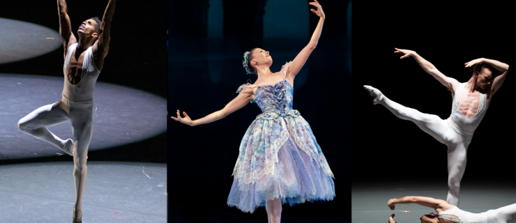 Three dancers are shown in a collage of onstage images. Jonathan Batista reaches up in passe wearing a white unitard, in a spotlight; Cecilia Iliesiu poses in sous-sus in a romantic lilac tutu; James Kirby Rogers fondus in an la seconde extension in a white unitard, another dancer wrapped around his bottom foot.