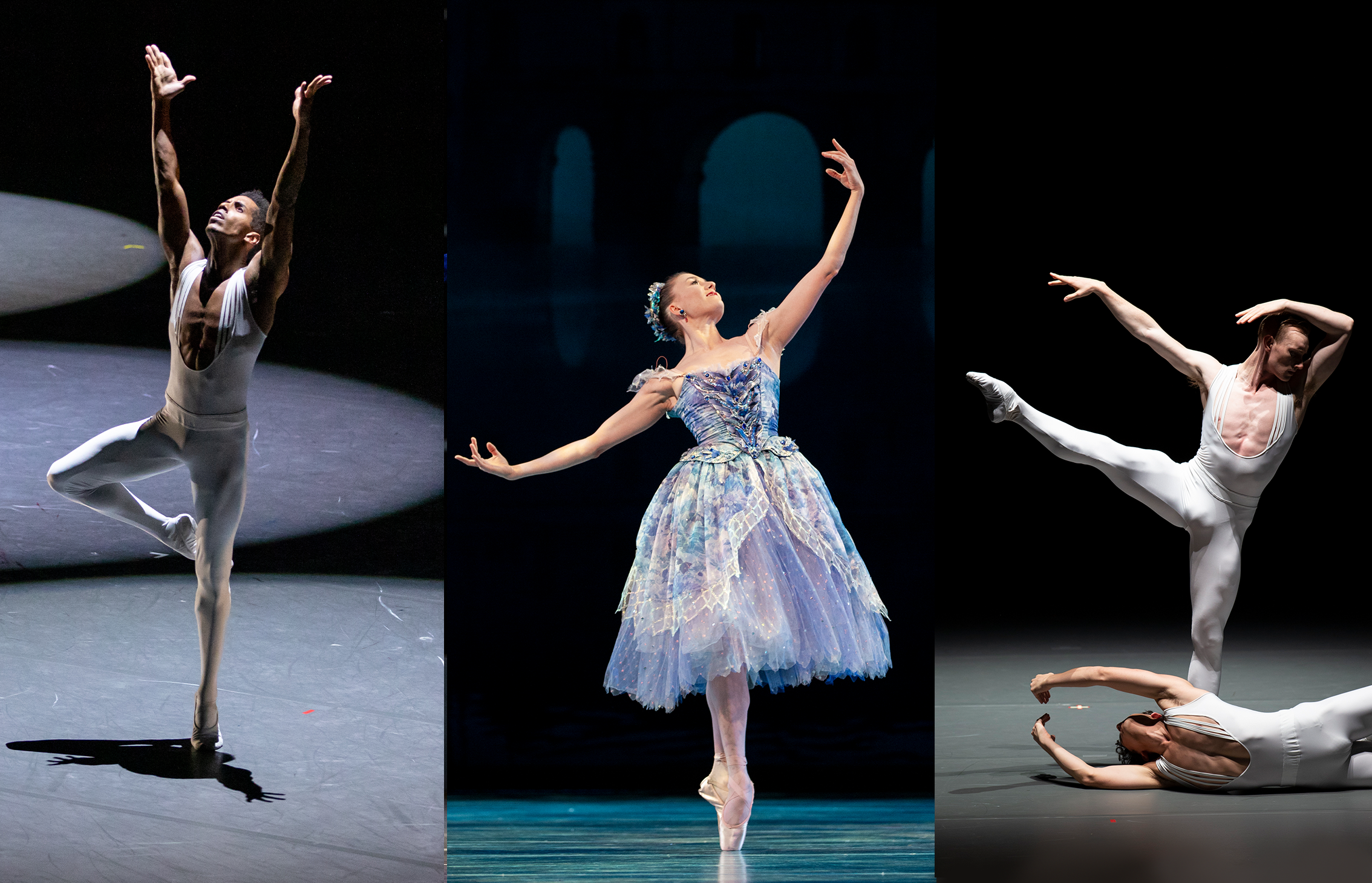 Three dancers are shown in a collage of onstage images. Jonathan Batista reaches up in passe wearing a white unitard, in a spotlight; Cecilia Iliesiu poses in sous-sus in a romantic lilac tutu; James Kirby Rogers fondus in an la seconde extension in a white unitard, another dancer wrapped around his bottom foot.