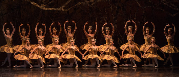 Two lines of corps de ballet dancers pose in front of a backdrop upstage. The back line stands on their right foot with their left foot in B plus and hold their arms in high fifth position. The front line kneels on their left knee with their arms in demi-second. They all wear gold classical tutus and elaborate tiaras, pink tights and pointe shoes.
