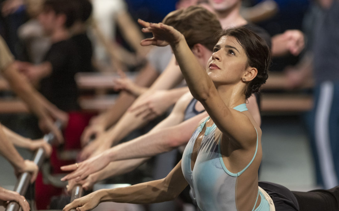 Several dancers take class at barre, shown waist-up. In front, a woman extends her front arm in allonge front, her other hand resting gently on the barre. She wears a light blue leotard with cut-out and white mesh accents, her dark hair in a low bun.