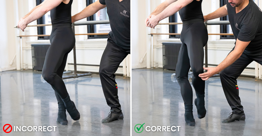 A male dancer in black tights, socks and ballet slippers is shown from the shoulders down in two side by side photos. A male coach, wearing black clothing, stands behind him. In the photo on the left, the dancer stands in profile facing the left, with his left leg in a poorly turned out coupé derriere and his right leg in plié. The coach holds onto his waist. In the photo on the right, the dancer is in the same position but with a well-turned out coupé derriere. The coach touches his left knee to pull it further out.