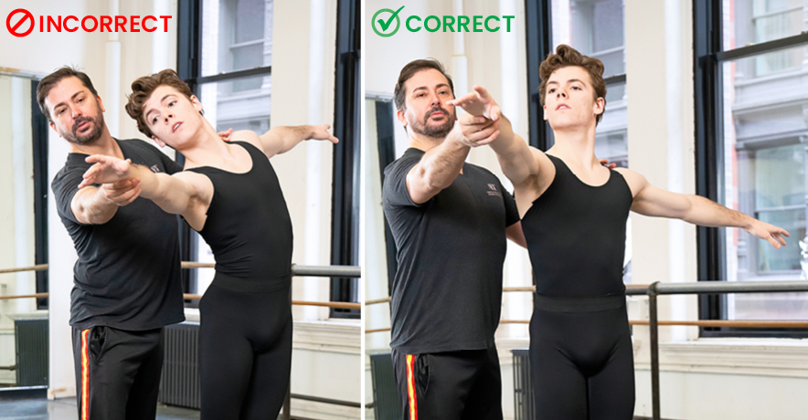 In this side-by-side photo, a coach helps a male dancer, both wearing black dancewear, with his upper body alignment. In the photo on the right, the dancer makes a first arabesque position with his arms and tilts his upper body to the left while his coach touches his right wrist. The word "incorrect" is shown in the upper left corner. In the photo on the right, the dancer is shown making a first arabesque position with his arms and keeps his body upright, while the coach pulls his right wrist out. The word "correct" is shown in the upper left corner of the photo.