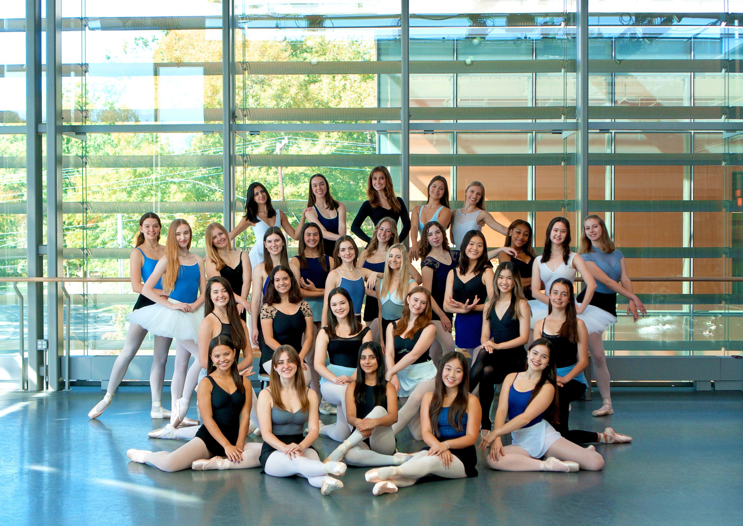 A large group of college-age, female dancers in various leotards, tights, skirts and pointe shoes pose in a large formation in front of floor-to-ceiling windows in a dance studio.