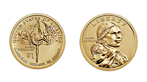 Left: A close-up of the US Native American $1 Coin. A gold coin with a ballerina on center in penche attitude representing Maria Tallchief. Four ballerina figures behind her in various balletic poses, and five phases of the moon behind them all. Around the edge, text reads "United States of America" at the top and "American Indians in Ballet" at the bottom. "Maria Tallchief" and "$1" are printed to the left of Tallchief's supporting leg. Right: A close-up of the US Native American $1 Coin. Sacagawea, shown chest up from the back, turns her head to look at the viewer. Her son, an infant, is held on her back with a traditional fabric carrier. The text "Liberty" is inscribed above her head.