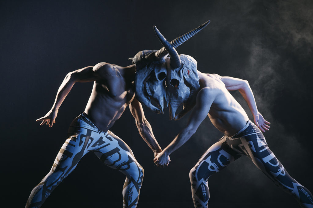 Two shirtless male dancers wearing large headpieces depicting cattle skulls lunge towards each other and grab left hands while locking horns. They wear lack and white tights with a design on them.
