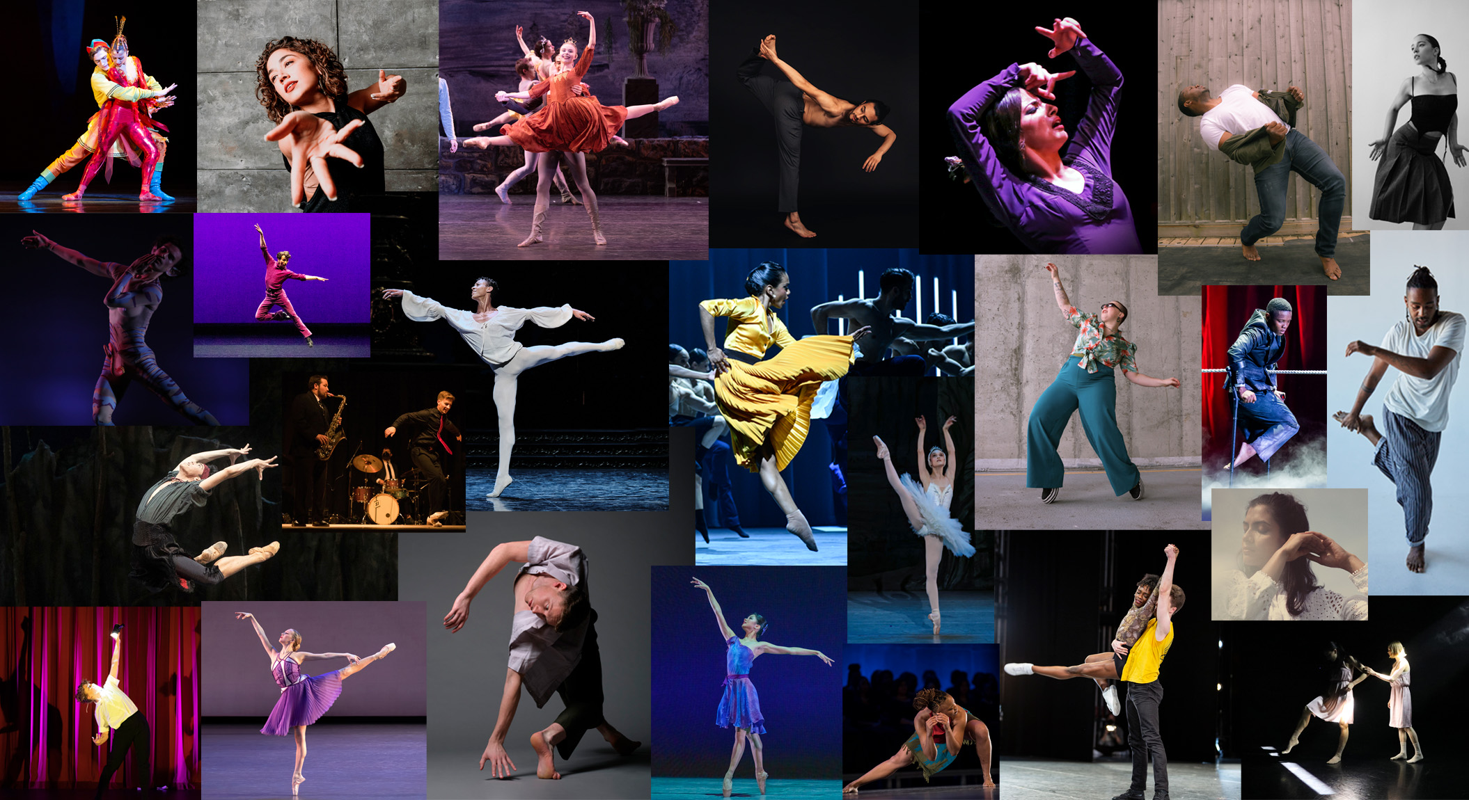 A collage of 25 photos of dancers in various costumes and practice wear, doing various poses.