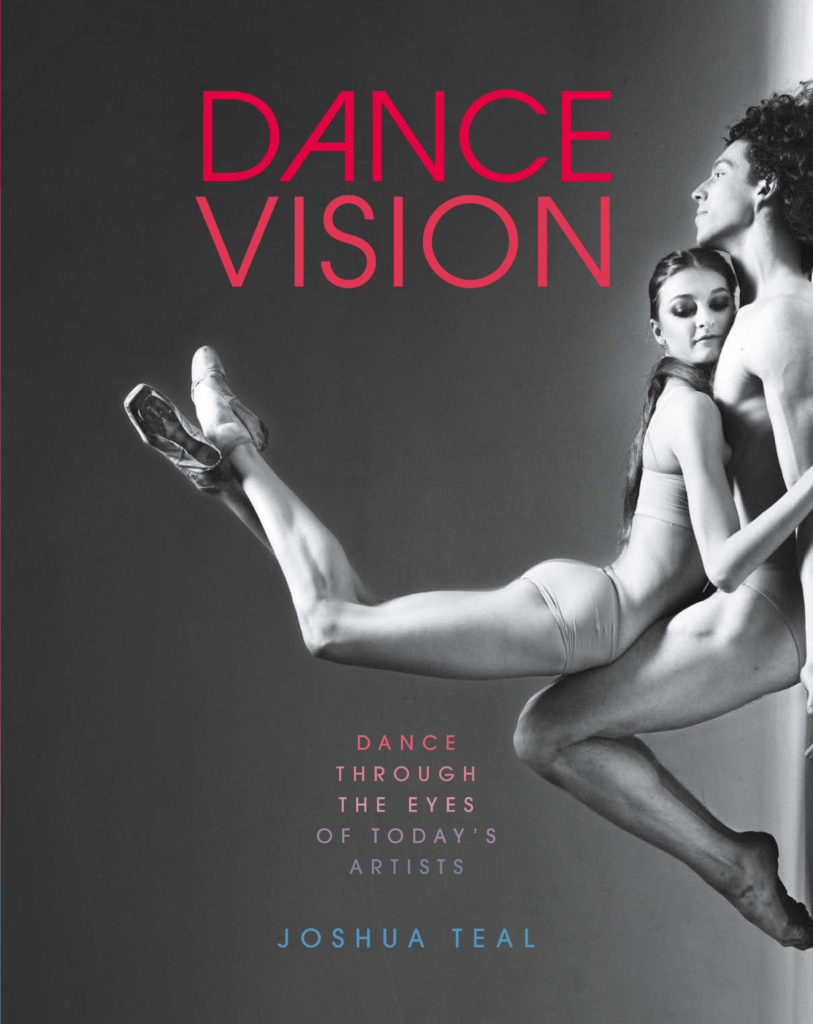 A book cover with a black and white photograph of a male and female dancer in a geometric pose on the right side of the cover. Pink text says "Dance Vision."