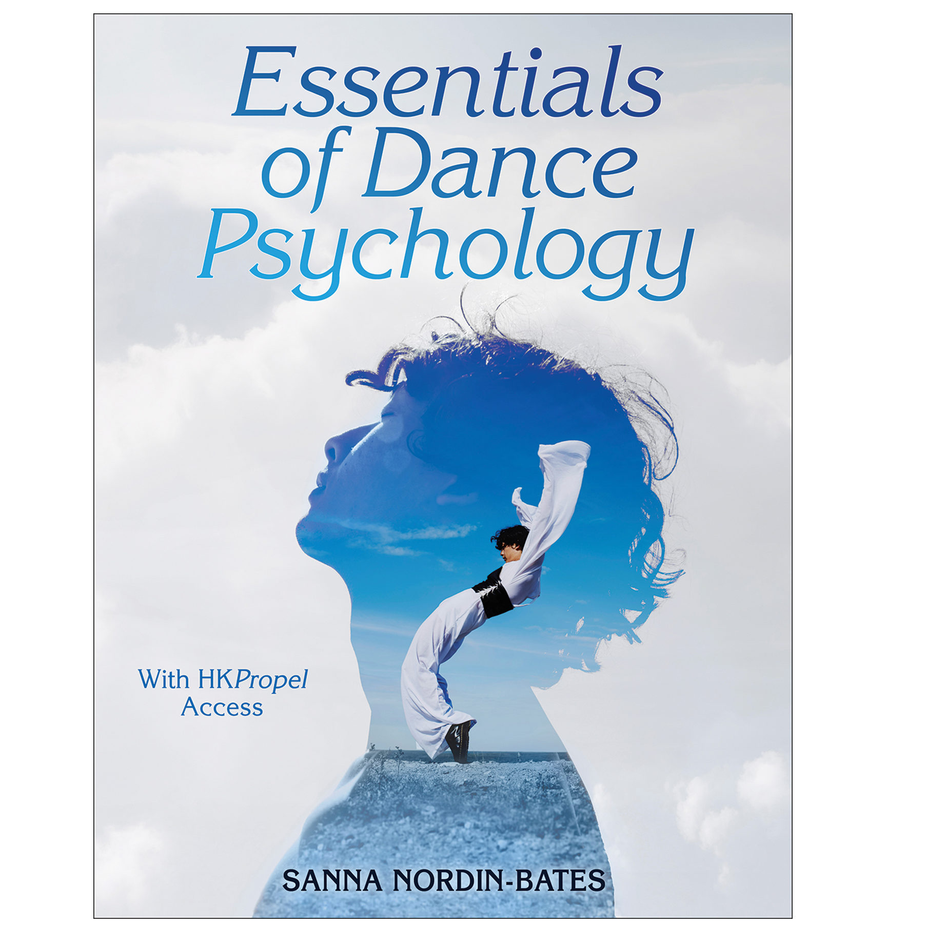 A textbook cover. The outline of a boy's head looking up acts as a frame for a photograph of a young man hinging back in front of a blue sky, whipping his open button-down shirt up behind him for dramatic effect. Text reads "Essentials of Dance Psychology."