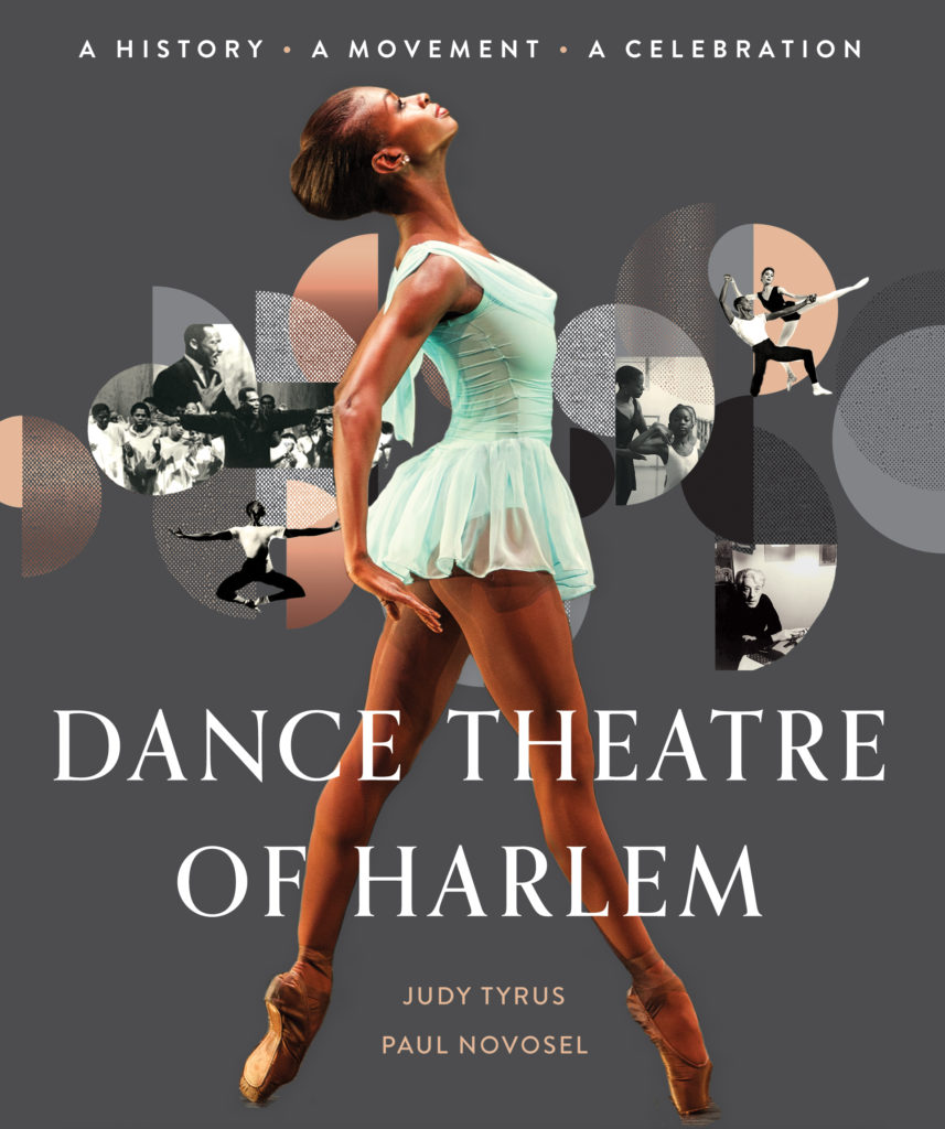A book cover. A Black ballerina poses on pointe in a short mint green ballet dress, her legs apart as if walking forward, and her arms curved behind her as she lifts her chest up. Photographs are in circles behind her. Text reads "Dance Theatre of Harlem"