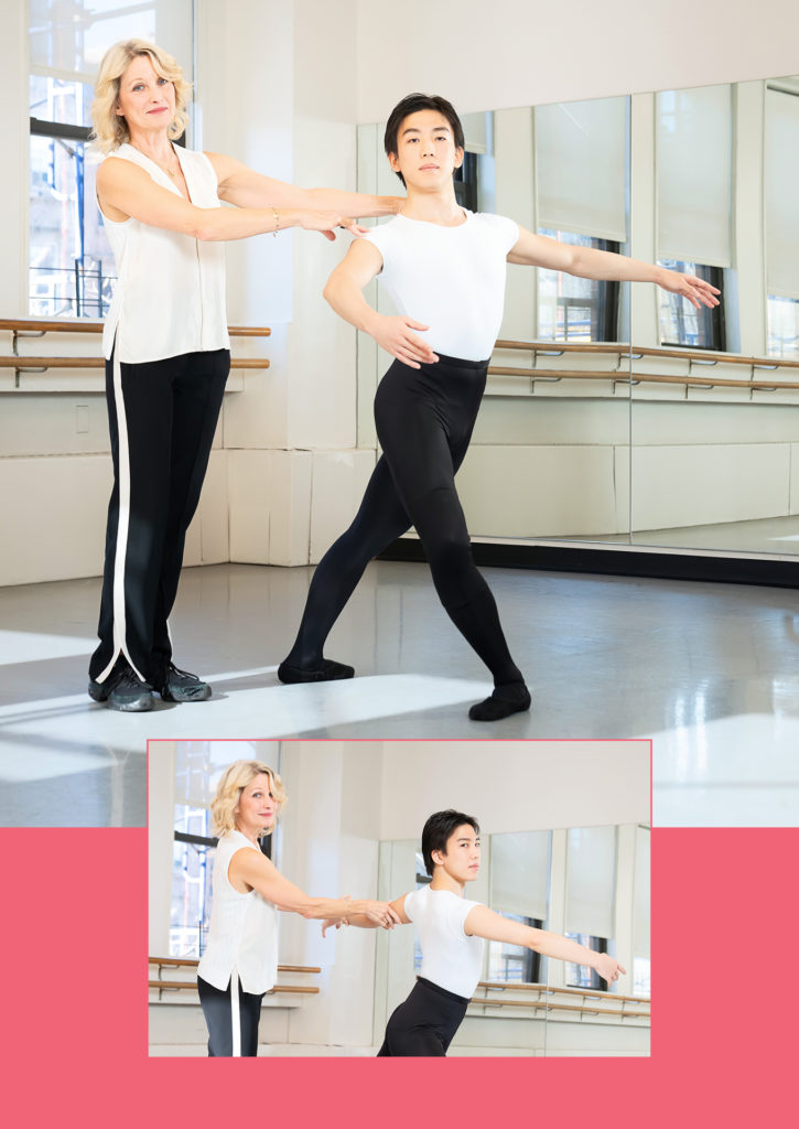 A photo collage of a ballet teacher and her male student in a sunny dance studio. In the top photo, the teacher, Stacey Calvert stands and touchces the shoulders of student Asahi Hagihara as he stands in a croisé fourth position preparation with his right leg front and right arm curved. In the bottom, inset photo, he is shown from the hips up, twisting his upper body to his left while Calvert touches his left arm. Hagihara wears a white T-shirt, black tights and black ballet slippers, while Calvert wears a white V-neck shirt and blue workout pants with a white stripe going down the side.