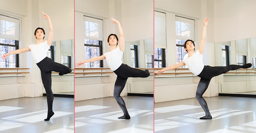In this side-by-side collage photo, a male ballet student is shown in various stages of a step, On the fat left, he is posing in an attitude effacé on relevé with his left leg raised behind him. In the middle photo, he has lowered to attitude in plié. In the third photo on the right, he remains in plié and extends his right leg to arabesque, straightening his left arm so that it's raised high. The dancer wears a white T-shirt, black tights and black ballet slippers and practices in a sunny dance studio.