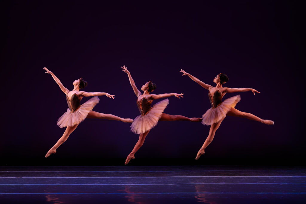 Amanda Smith Ingrid SIlva and Alexandra Hutchinson perform a temp levé in first arabesque onstage during a performance. They wear pancake tutus with a velvet brown bodices and light brown skirts, brown tights and brown pointe shoes.