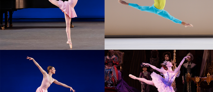 A four-photo collage. In each, a single dancer (3 female, one male) perform onstage in colorful costumes.