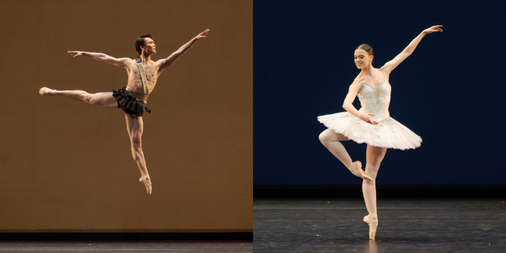 Two photos side-by-side show Daichi Ikarashi and Mackenzie Brown performing solo variations at the Erik Bruhn Prize competition.