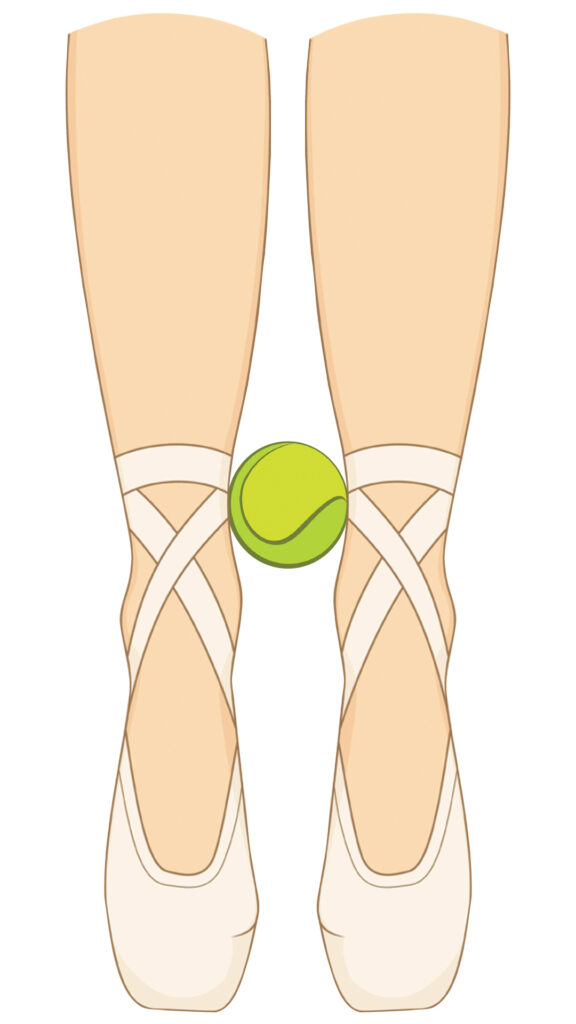 An illustration of relevé in parallel in pointe shoes with a tennis ball held between the ankles. 