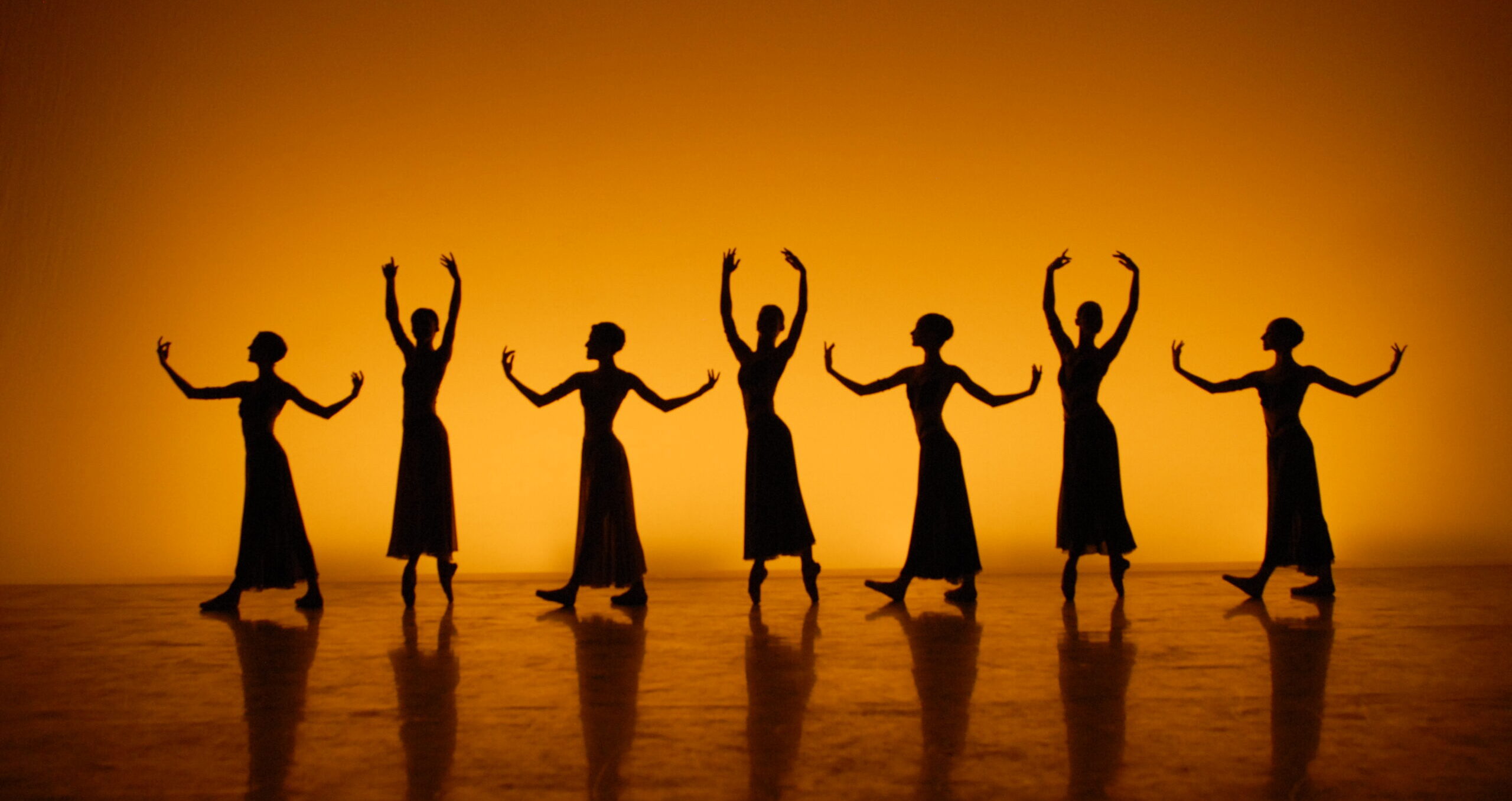 A tableau of female dancer silhouettes line the back of a stage lit with orange in a sunset effect on the backdrop. The women wear skirts and alternate poses every other dancer.