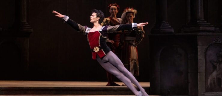 Constantine Allen is shown in profile facing stage right doing a cabriole derrière during a performance. His arms are in first arabesque position. He wears a velvet tunic with a deep red panel in the front and dark purple side panels and sleeves, gray tights and gray ballet slippers. He dances n front of a wide, short marble staircase, and a male and female dancer in medieval court costumes stand at the top and watch him.