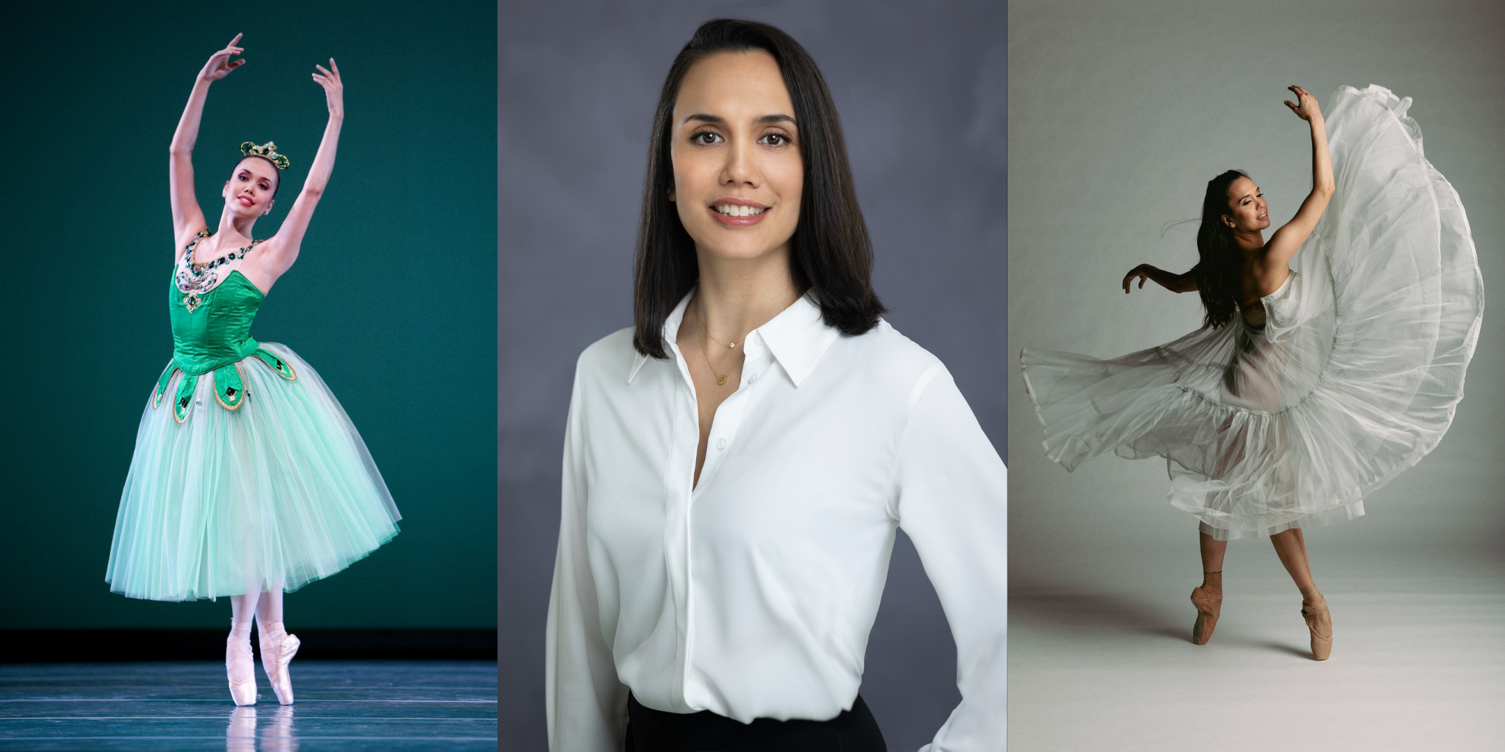 A triptych of images of Noelani Pantastico. From left: Pantastico performing in "Emeralds," a headshot wearing a white button-down shirt, and a dance photo in a sweeping dress.
