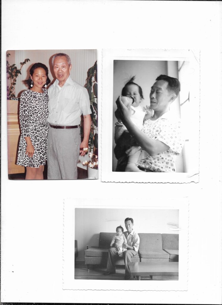 A collage of three family photos, one in muted color and two in black and white, show Donna Weng Friedman with her father, Sin-Tzu Weng.