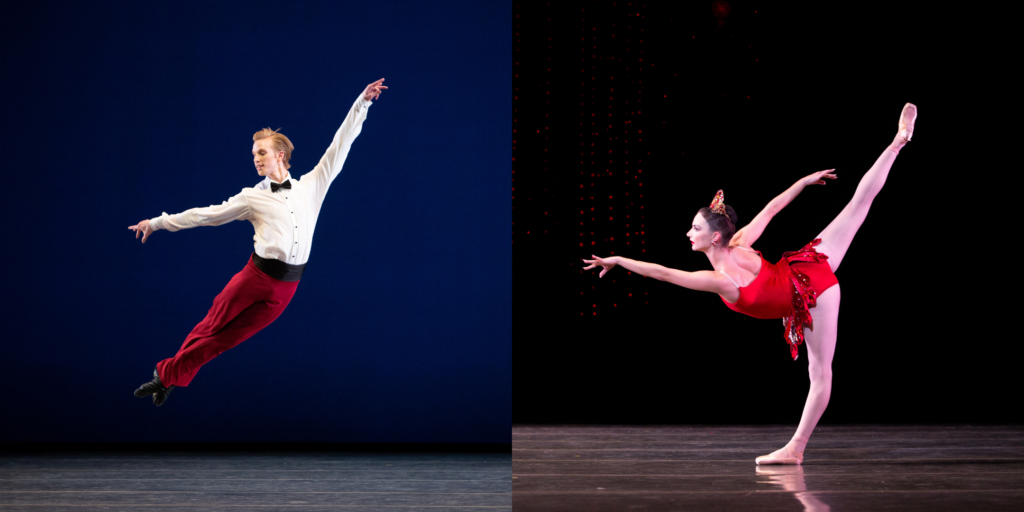 Two photos side by side. On the left, Chase Swatosh does a cabbriole onstage, wearing a white button down with a black bow tie, and red slacks. He smiles toward the audience; the background is blue. On the right, Jordan-Elizabeth Long does a penché arabesque, faced profile toward the left, in a short red glimmering dress for Balanchine's "Rubies."