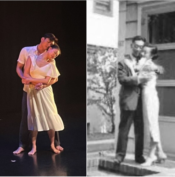 Two photos side-by-side. On the left, Chun Wai Chan and Xiaoxiao Cao perform a pas de deux on a dark stage. She wears a long white dress, and he wears a white button-down with gray slacks. Chan holds her upper back as she leans backward, looking toward the ceiling and letting her arms fly up. On the right, Sin-Tzu Weng and his wife on their wedding day. 