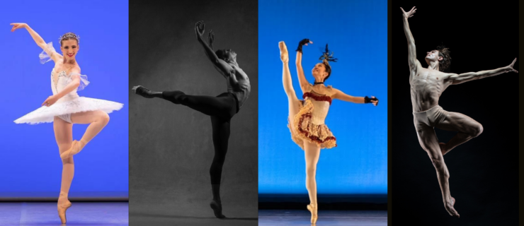 A collage of four photos, shown side-by-side, displays two female and two male dancers in various dance poses.