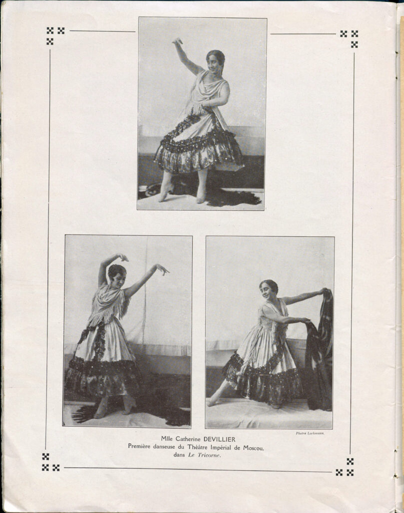 Catherine Devillier dances "Le Tricorne" in photos from a program. She is in a Spanish-styled costume, with a shawl and long skirt resembling a bata de cola.